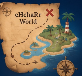 Parchment treasure map labeled eHchaRr World, with a dotted route leading to an island with a lighthouse, beside a brass compass rose.