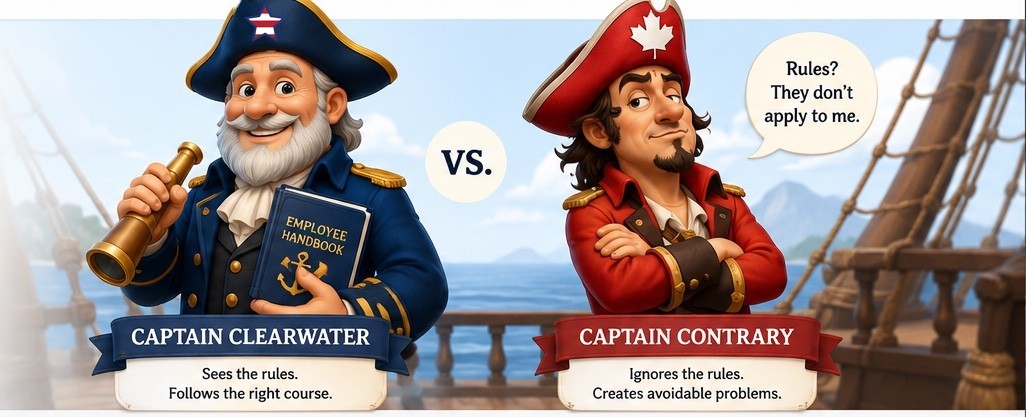 Captain Clearwater holding an employee handbook, versus Captain Contrary with arms crossed saying “Rules? They don’t apply to me.” Banners read: Captain Clearwater — sees the rules, follows the right course; Captain Contrary — ignores the rules, creates avoidable problems.