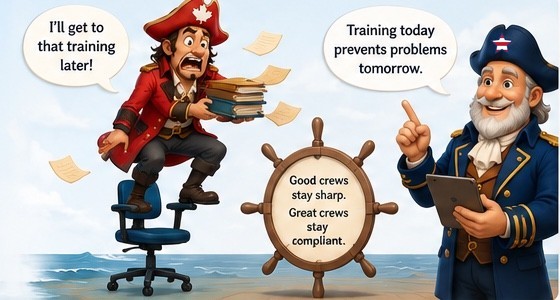 Captain Contrary wobbling on an office chair with a stack of books, saying “I’ll get to that training later!” while Captain Clearwater holds a tablet and replies “Training today prevents problems tomorrow.” A ship’s wheel reads: good crews stay sharp, great crews stay compliant.
